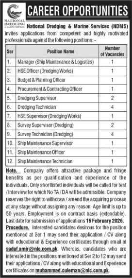 National Dredging and Marine Services Karachi Jobs 2026 February NDMS Survey Technicians / Supervisors & Others Latest