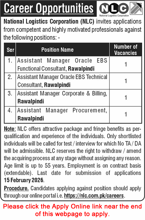 Assistant Manager Jobs in NLC Rawalpindi 2026 February Apply Online National Logistics Corporation Latest