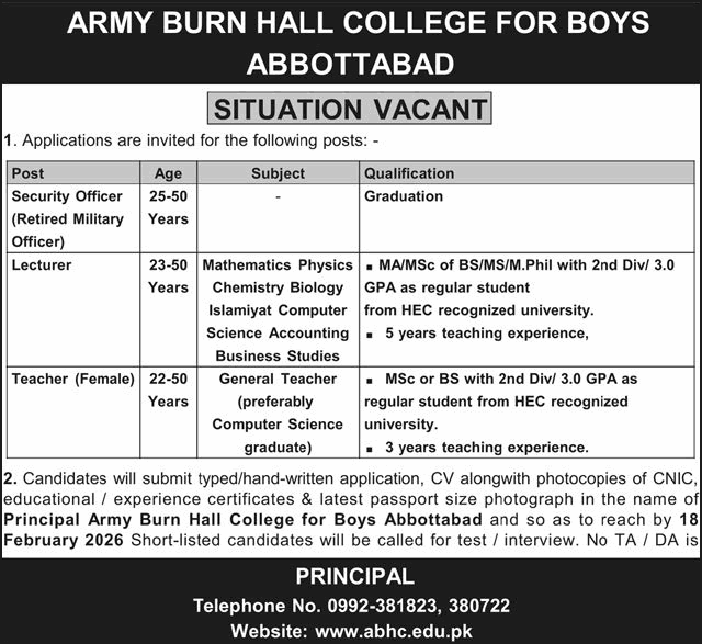 Army Burn Hall College of Boys Abbottabad Jobs 2026 February Lecturers, Teachers & Security Officer Latest