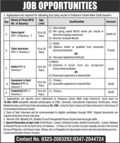 Ordnance Center Malir Cantt Karachi Jobs 2026 March Stenotypist, Cook & Others Pakistan Army Latest