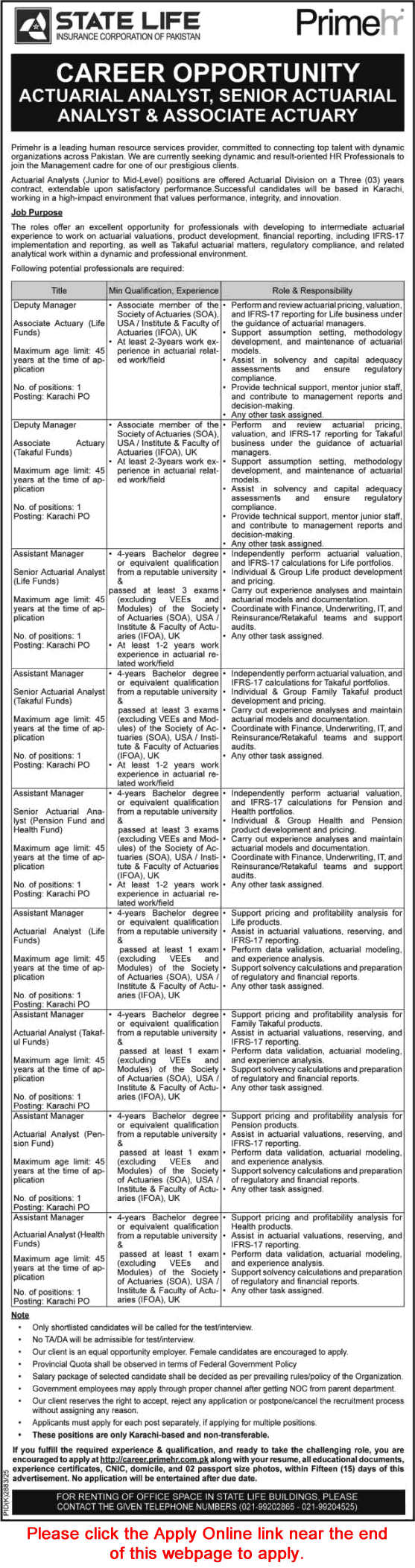 State Life Insurance Corporation of Pakistan Jobs March 2026 Apply Online Actuarial Analysts & Actuary Associate SLIC Latest