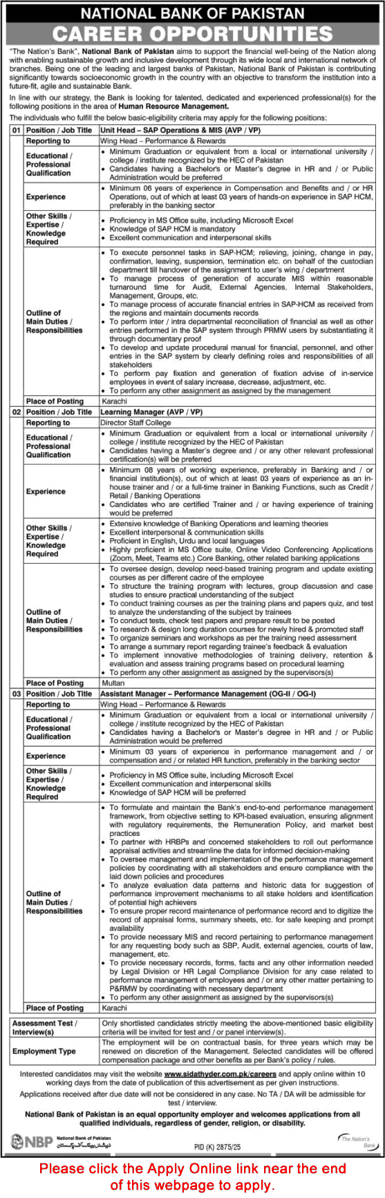 National Bank of Pakistan Jobs March 2026 Apply Online Assistant / Learning Manager & Unit Head NBP Latest