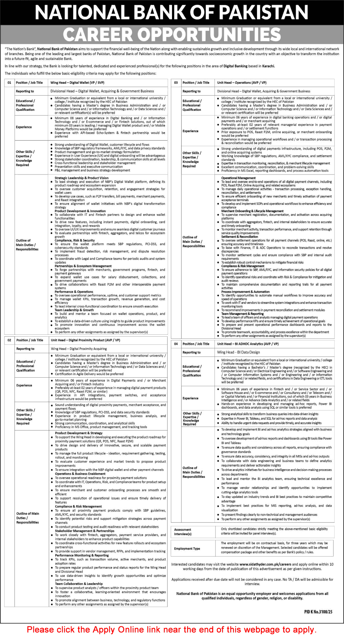 National Bank of Pakistan Jobs March 2026 April Apply Online Wing Head & Unit Heads Latest