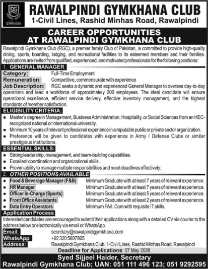 Rawalpindi Gymkhana Club Jobs 2026 April Front Office Assistants, Data Entry Operators & Others Latest