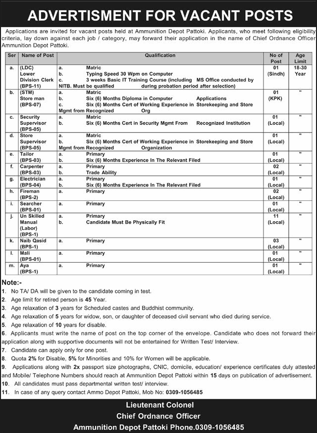 Ammunition Depot Pattoki Jobs 2026 April USM Labour, Naib Qasid, Fireman & Others Pakistan Army Latest