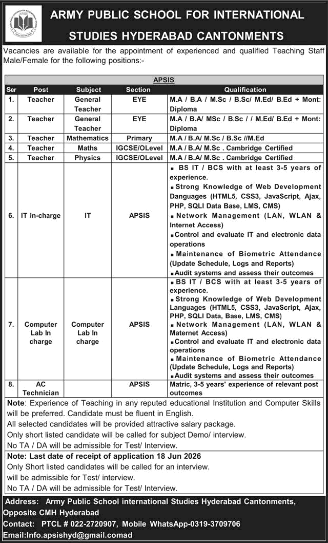 Army Public School for International Studies Hyderabad Jobs June 2026 Teachers & Others APSIS Latest