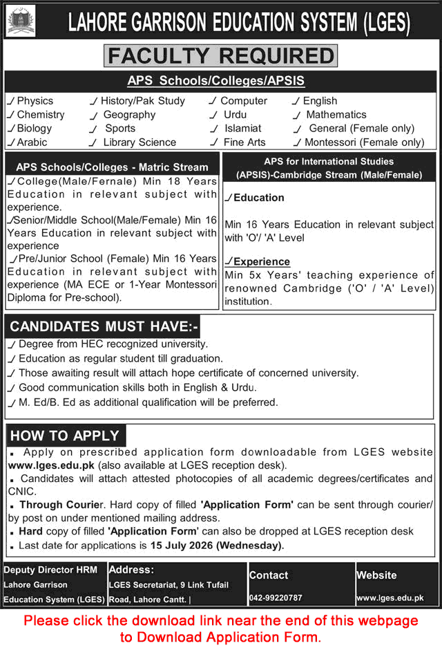 Lahore Garrison Education System Jobs June 2026 Application Form Teaching Faculty LGES APSC / APSIS Latest