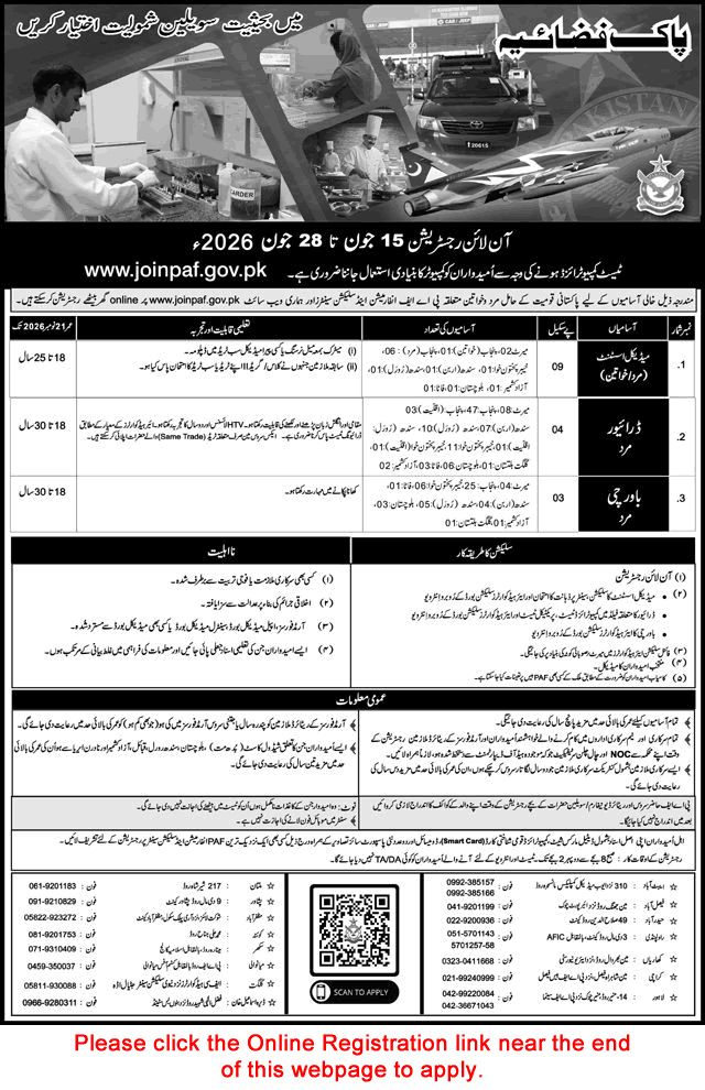 Pakistan Air Force Civilian Jobs June 2026 Online Registration Join PAF as Medical Assistants, Drivers & Bawarchi Latest