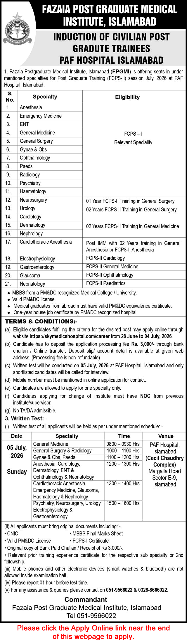 Fazaia Postgraduate Medical Institute Islamabad FCPS Postgraduate Training 2026 June / July Apply Online PAF Hospital Latest