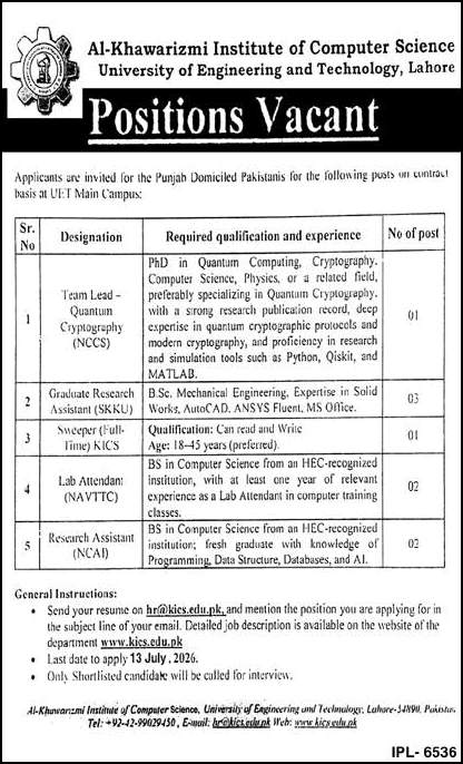 KICS UET Jobs 2026 June / July Research Assistants, Lab Attendants & Others Al Khawarizmi Institute of Computer Science Latest