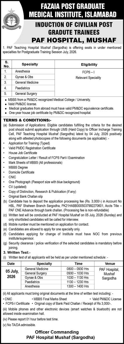 PAF Teaching Hospital Mushaf Sargodha FCPS Postgraduate Training 2026 June / July FPGMI Latest