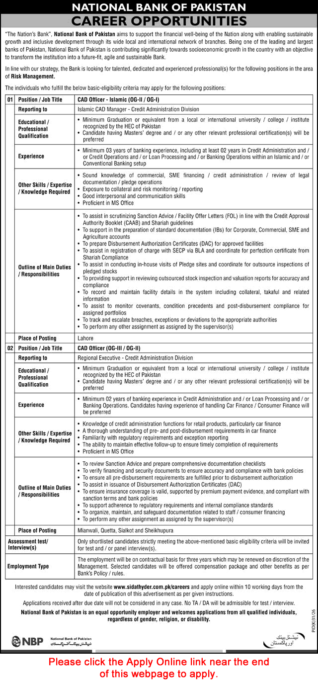 CAD Officer Jobs in National Bank of Pakistan July 2026 Apply Online NBP Latest