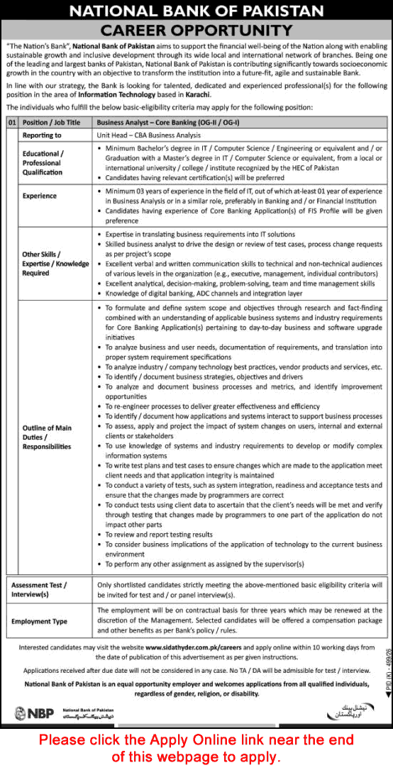 Business Analyst Jobs in National Bank of Pakistan August 2026 Apply Online NBP Latest