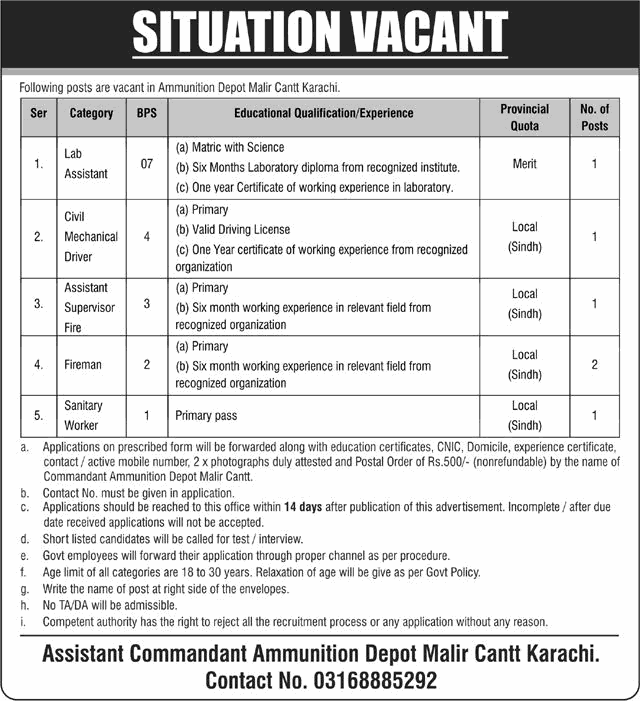 Ammunition Depot Malir Cantt Karachi Jobs October 2026 Fireman, Lab Assistant & Others Pakistan Army Latest