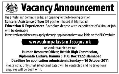 The Bristish High Commission Required  Consular Assistance Officer