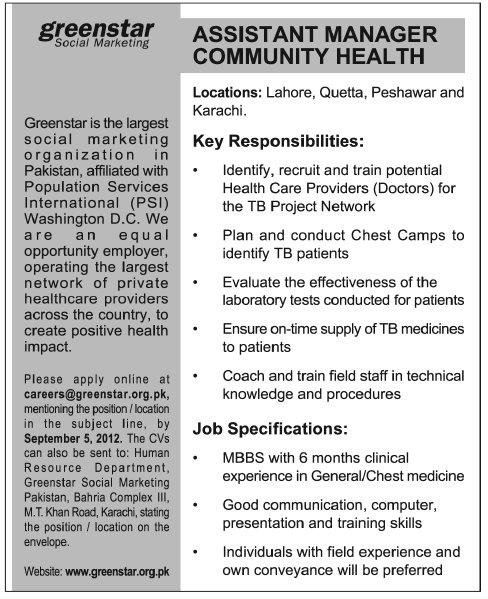 Greenstar Social Marketing Requires Assistant Manager Community Health (NGO Job)