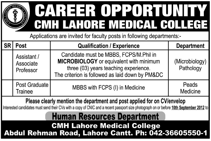 CMH Lahore Medical College Requires Teaching Faculty and Post Graduate Trainee
