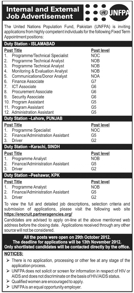 United Nations Population Fund Pakistan (UNFPA) Jobs 2012