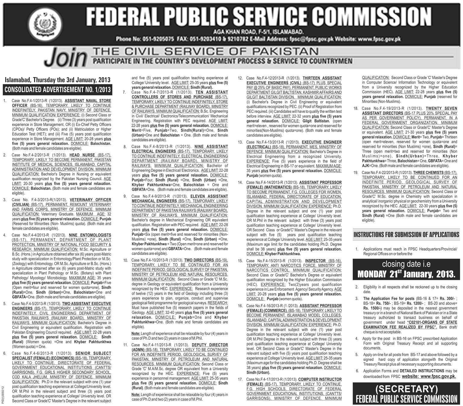 FPSC Jobs 2013 January Latest Ad