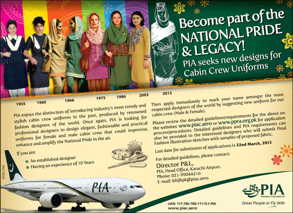 Fashion Designer Job in Pakistan 2013 for Designing PIA Cabin Crew Uniform