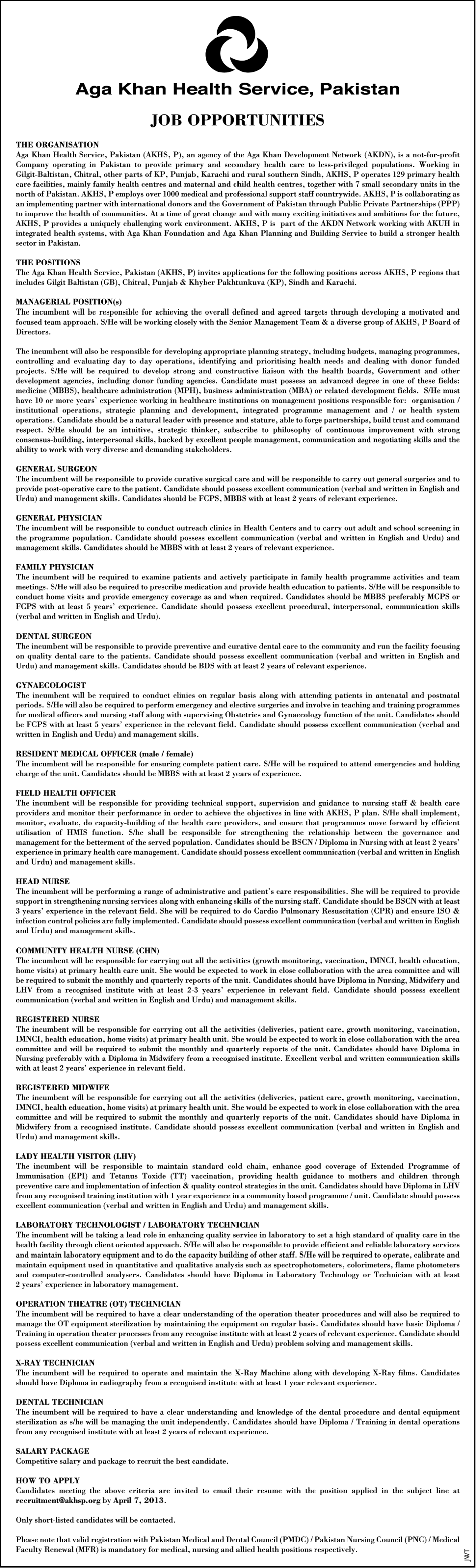 Aga Khan Health Services Pakistan Jobs 2013 Latest Advertisement