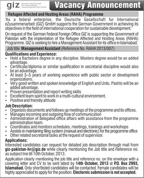 Management Assistant Jobs in GIZ Pakistan 2013 October