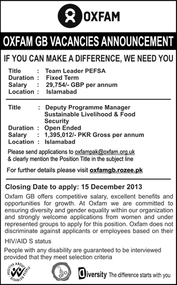 Oxfam Pakistan Jobs 2013 December for Deputy Program Manager & Team Leader PEFSA
