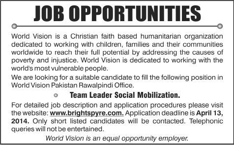 World Vision Pakistan Jobs 2014 April for Team Leader Social Mobilization