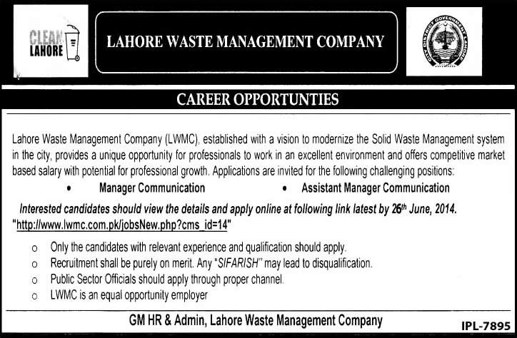 Lahore Waste Management Company Jobs 2014 June LWMC for Communication Managers
