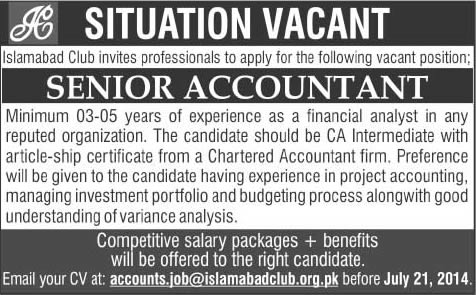 Accountant Jobs in Islamabad Club 2014 July