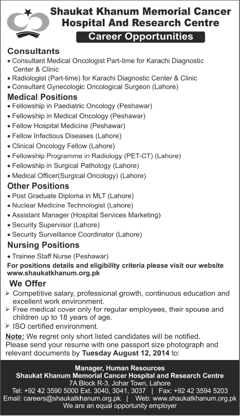 Shaukat Khanum Hospital Jobs 2014 August Latest Advertisement