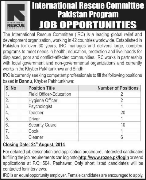 IRC Pakistan Jobs 2014 August for Teachers, Psychologist, Hygiene Officer & Other Staff