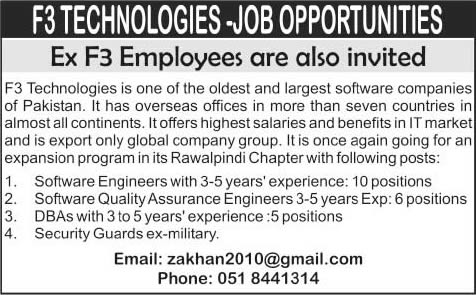 F3 Technologies Rawalpindi Jobs 2014 August for Software Engineers, DBAs & Security Guards