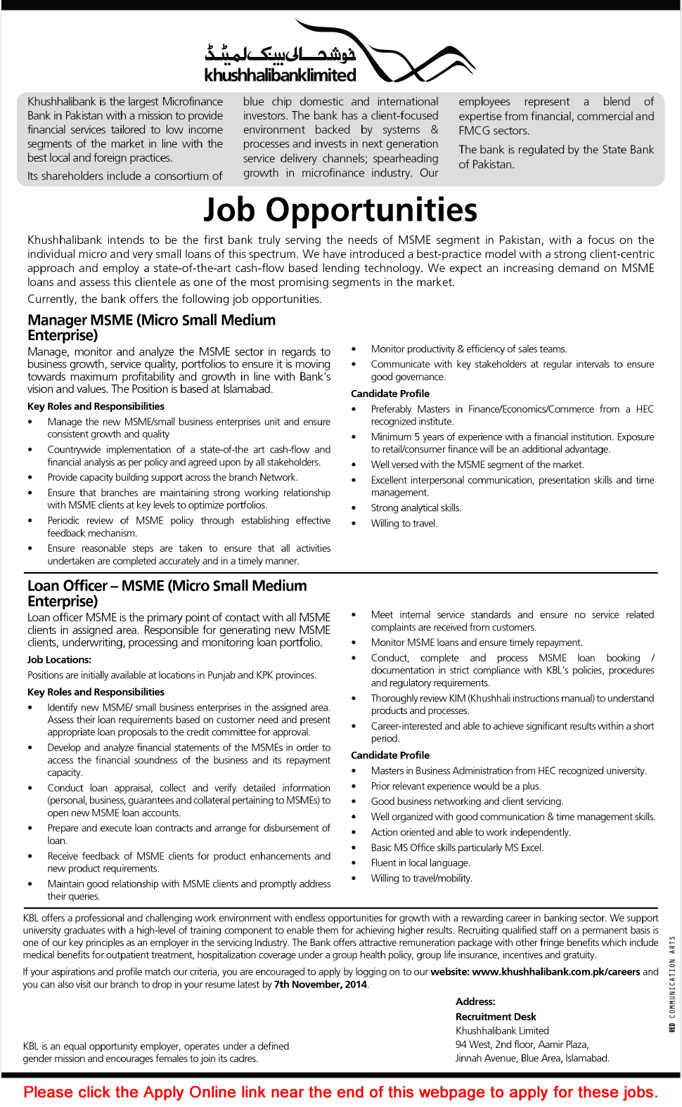 Khushali Bank Jobs 2014 October Pakistan for Loan Officers & Manager MSME
