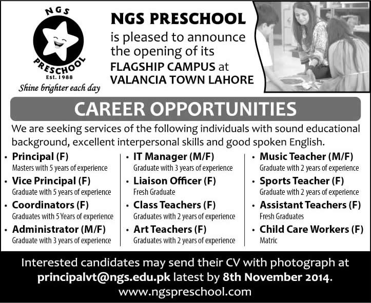 School Jobs in Lahore October / November 2014 Teachers & Other Staff at NGS Preschool Valencia Town