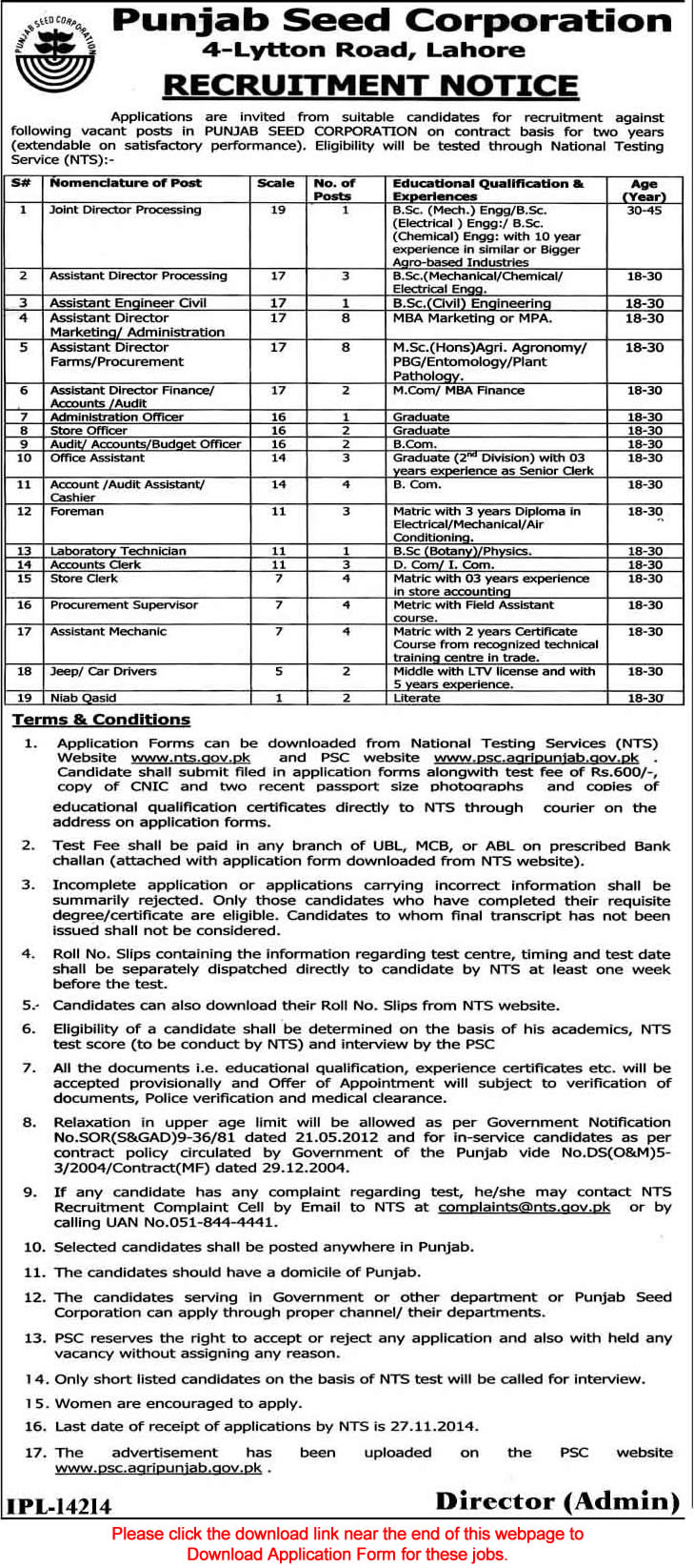 Punjab Seed Corporation Jobs 2014 November NTS Application Form Download