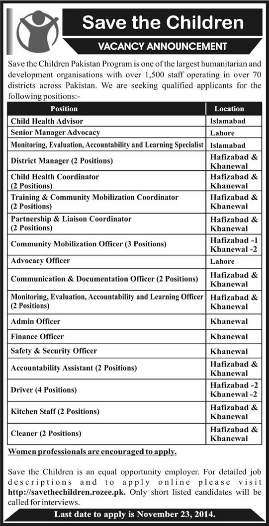 Save the Children Pakistan Jobs 2014 November Apply Online Latest