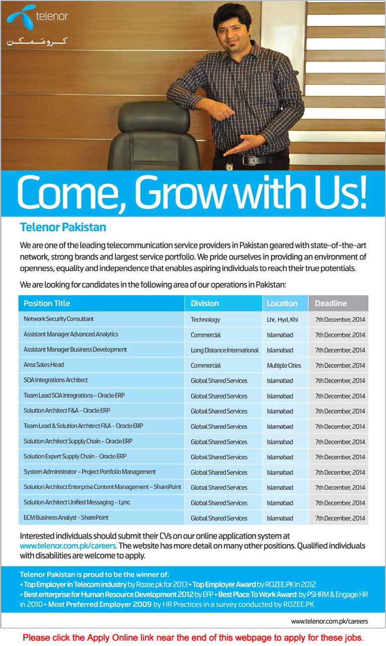 Telenor Pakistan Jobs 2014 December Apply Online Latest / New