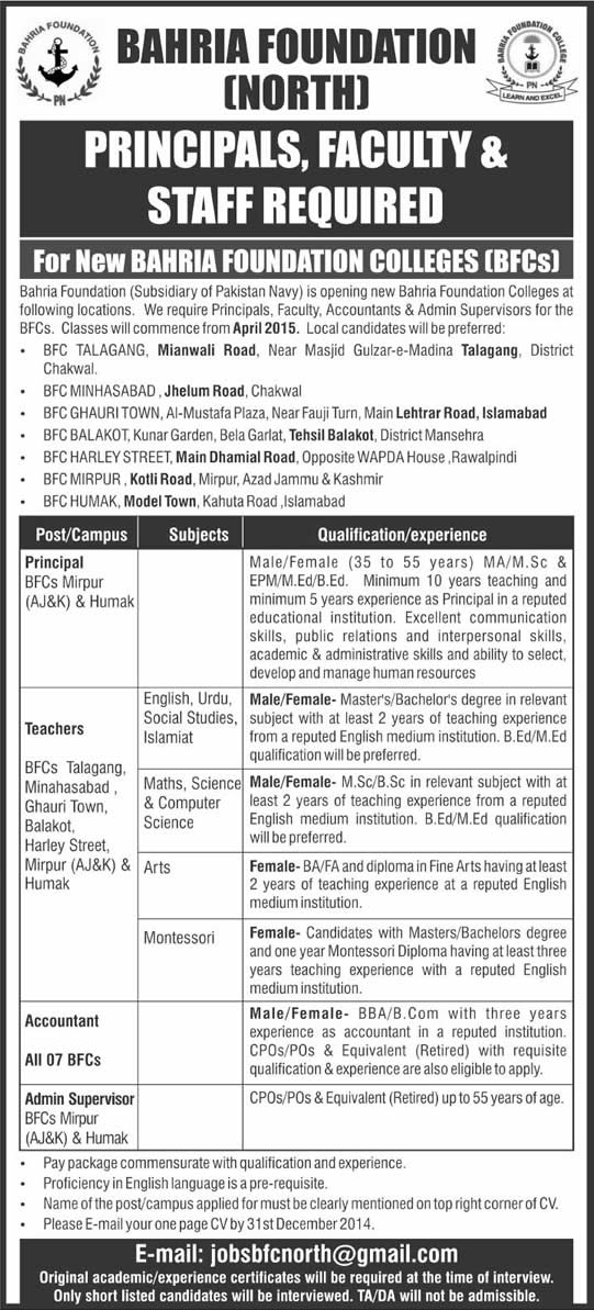 Bahria Foundation Colleges Jobs 2014 December Principals, Teaching Faculty & Admin Staff
