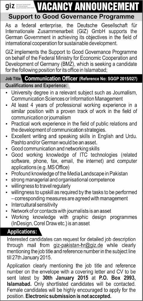 Communication Officer Jobs in Islamabad 2015 GIZ Support to Good Governance Programme