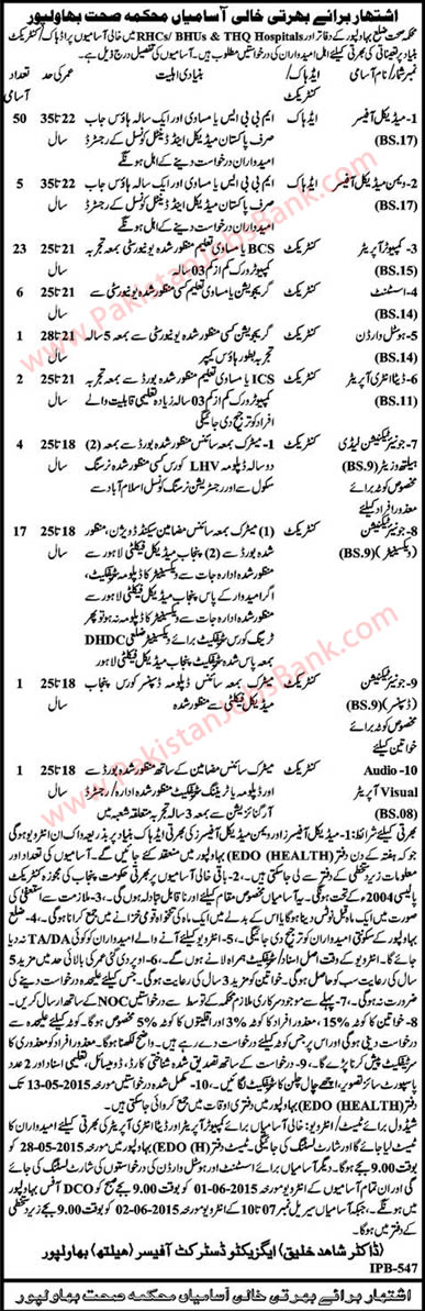 Health Department Bahawalpur Jobs 2015 May Medical Officers, Computer Operators, Junior Technicians & Others