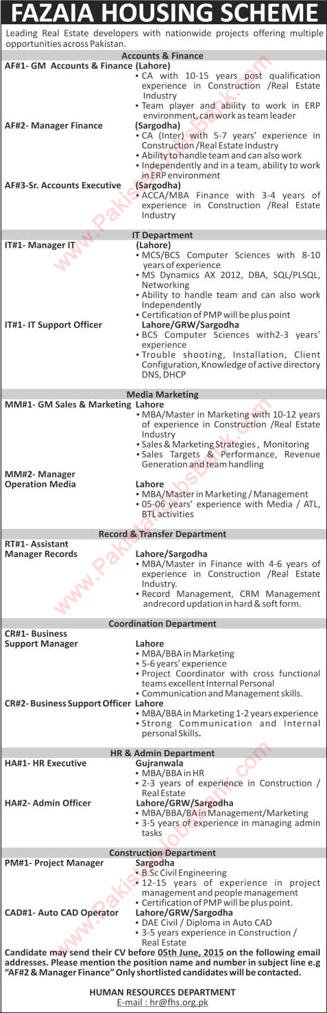 Fazaia Housing Scheme Careers 2015 May Lahore / Gujranwala / Sargodha Latest Advertisement