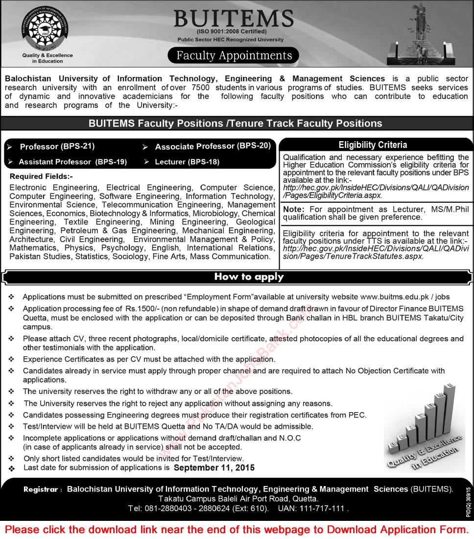 Teaching Faculty Jobs in Balochistan University of Information Technology Quetta 2015 August BUITEMS