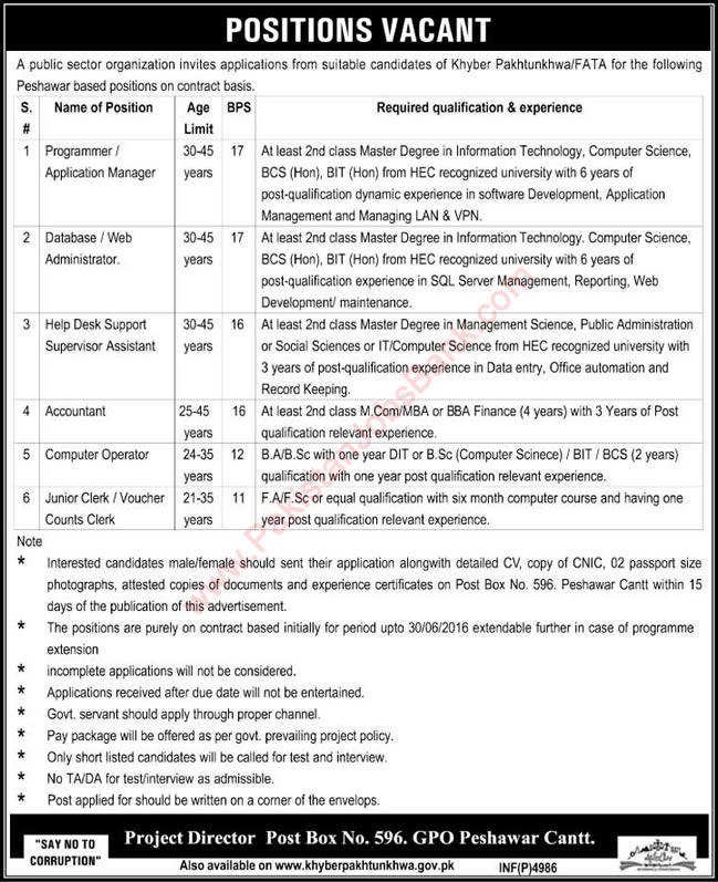 PO Box 596 GPO Peshawar Jobs 2015 October Computer Operator, Clerks, Accountant & Others