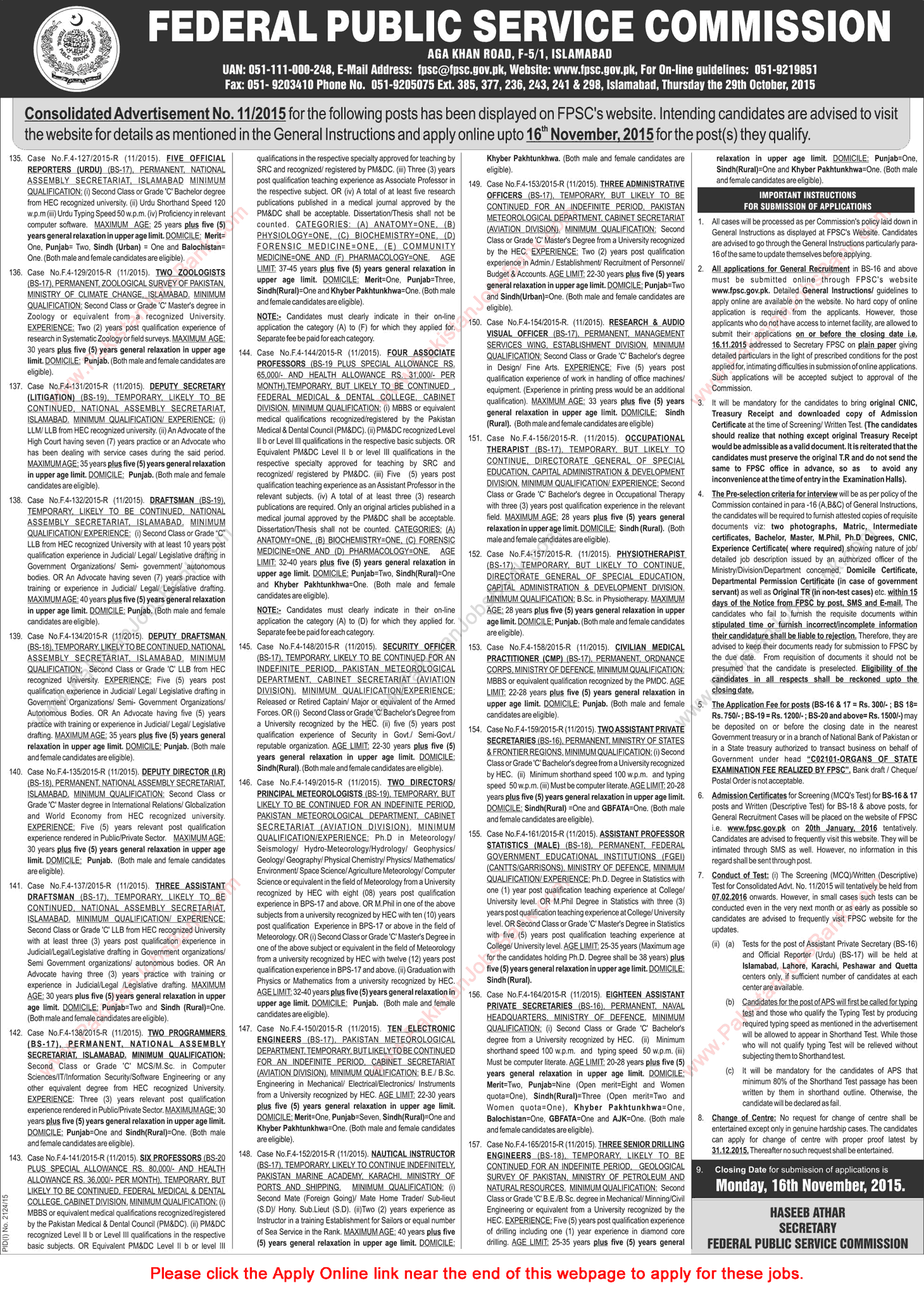 FPSC Jobs November 2015 Apply Online Consolidated Advertisement No. 11/2015 Latest