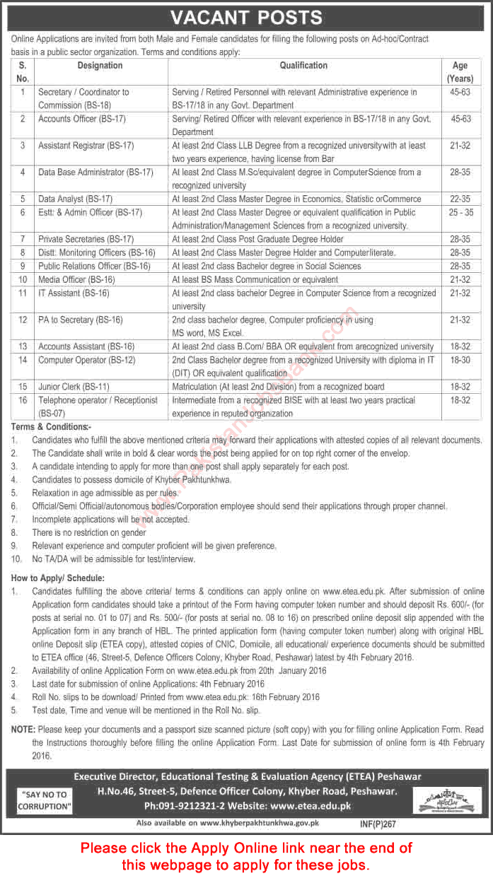 Public Sector Organization Jobs January 2016 KPK ETEA Online Application Form Latest