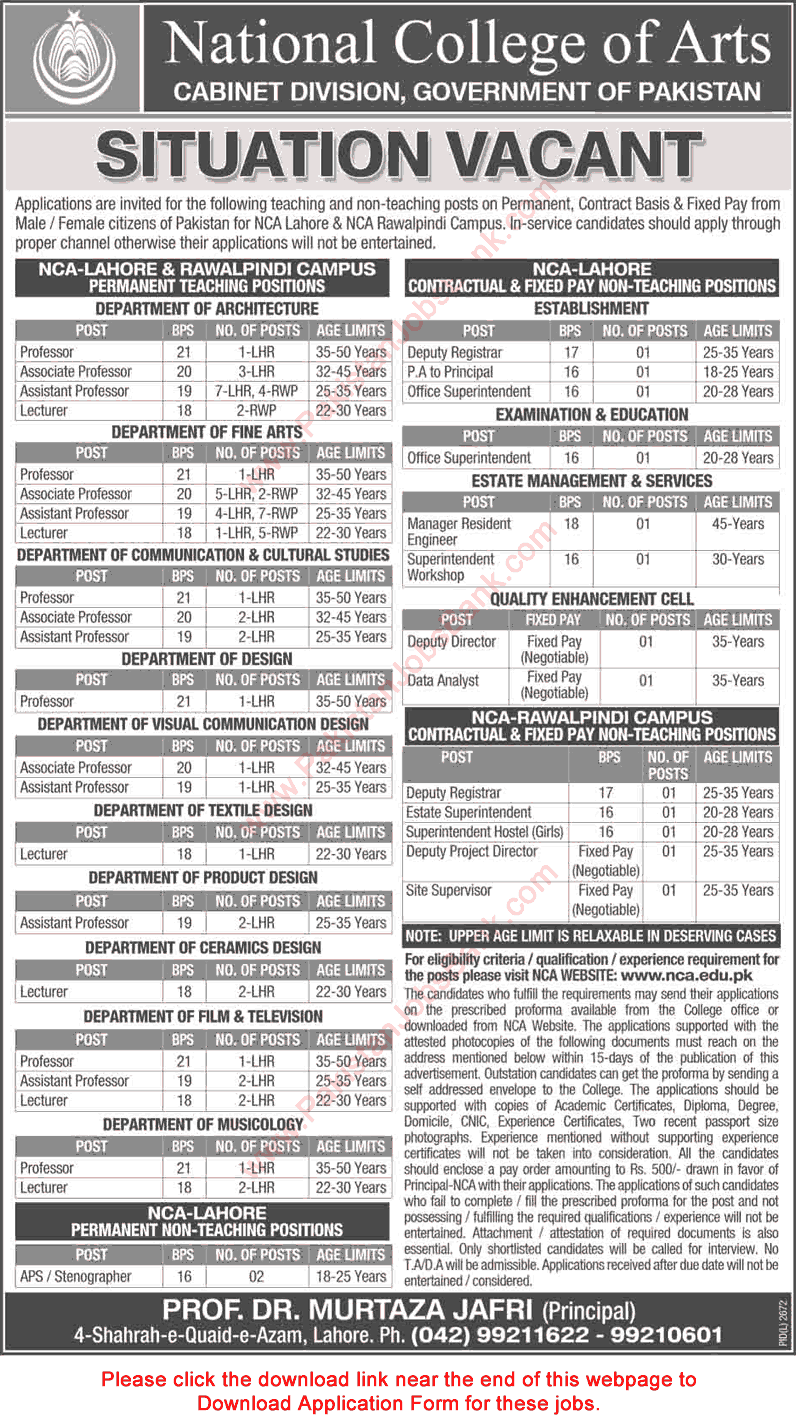 National College of Arts Lahore / Rawalpindi Jobs 2016 February NCA Application Form Teaching Faculty & Others Latest