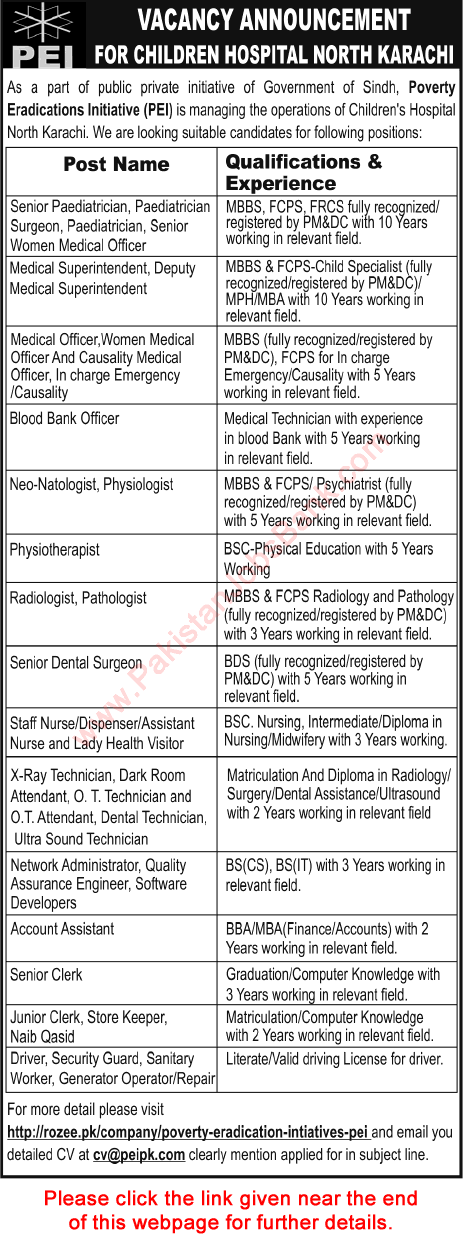 Poverty Eradications Initiative Karachi Jobs 2016 July PEI NGO for Children's Hospital Latest