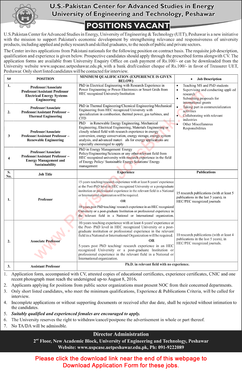 US Pakistan Center for Advanced Studies in Energy UET Peshawar Jobs 2016 July Application Form Latest