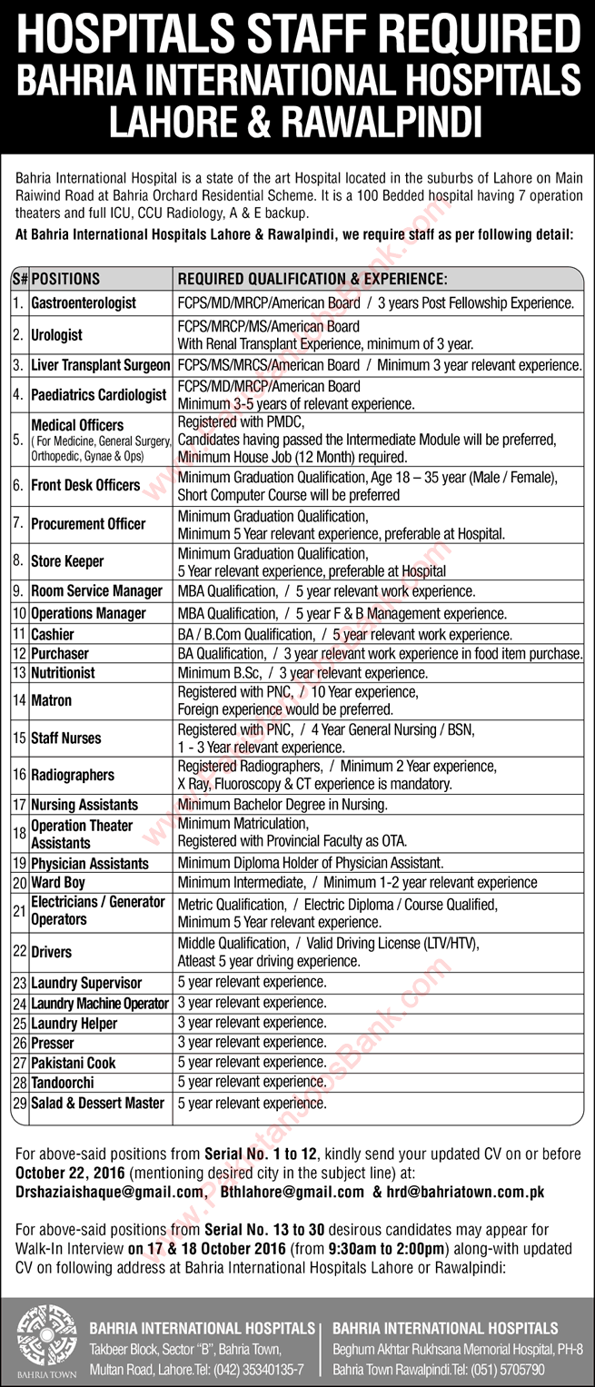 Bahria International Hospitals Lahore & Rawalpindi Jobs 2016 October Medical Officers, Nurses & Others Latest